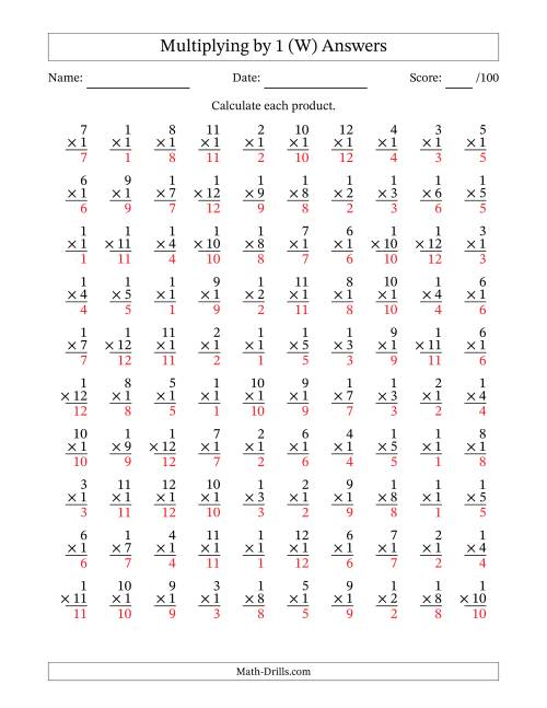 The Multiplying (1 to 12) by 1 (100 Questions) (W) Math Worksheet Page 2