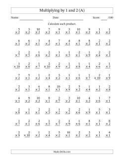 Multiplying (1 to 10) by 1 and 2 (100 Questions)