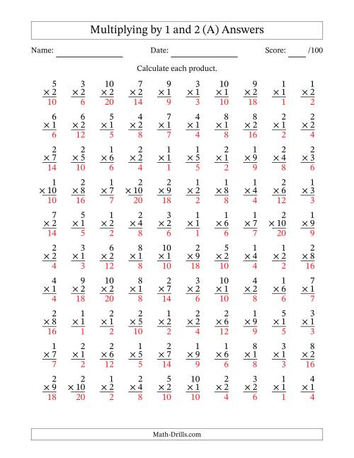 The Multiplying (1 to 10) by 1 and 2 (100 Questions) (A) Math Worksheet Page 2