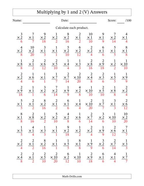 The Multiplying (1 to 10) by 1 and 2 (100 Questions) (V) Math Worksheet Page 2