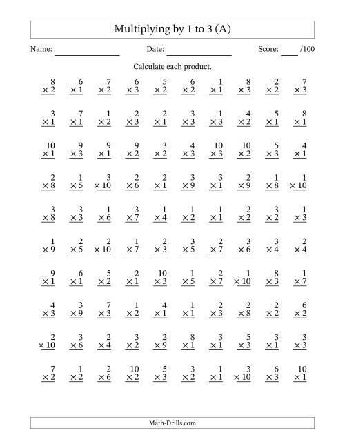 The Multiplying (1 to 10) by 1 to 3 (100 Questions) (A) Math Worksheet
