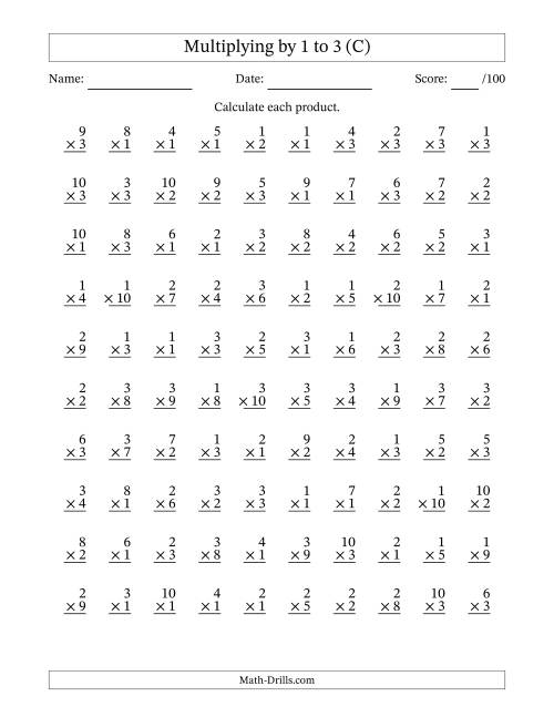 The Multiplying (1 to 10) by 1 to 3 (100 Questions) (C) Math Worksheet