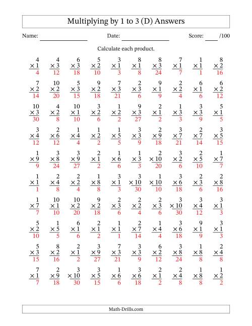 The Multiplying (1 to 10) by 1 to 3 (100 Questions) (D) Math Worksheet Page 2