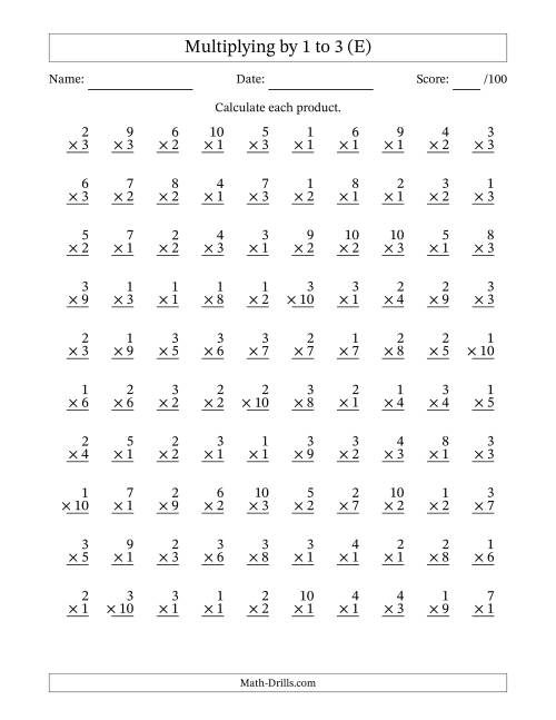 The Multiplying (1 to 10) by 1 to 3 (100 Questions) (E) Math Worksheet