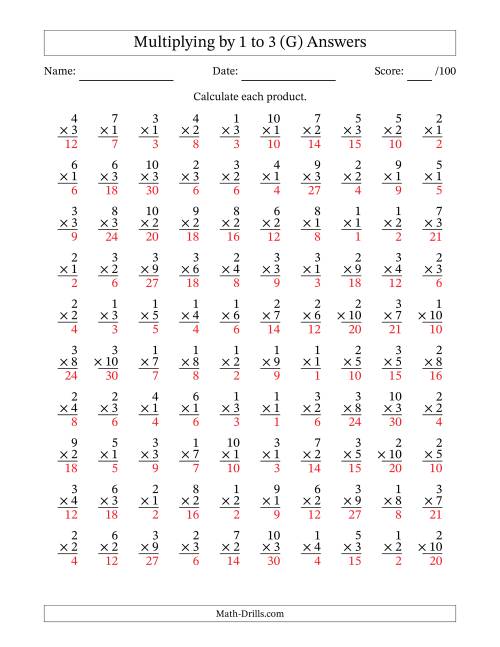 The Multiplying (1 to 10) by 1 to 3 (100 Questions) (G) Math Worksheet Page 2