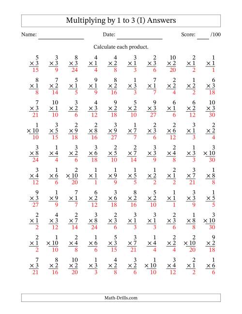 The Multiplying (1 to 10) by 1 to 3 (100 Questions) (I) Math Worksheet Page 2