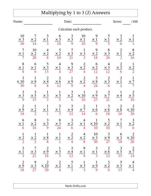 The Multiplying (1 to 10) by 1 to 3 (100 Questions) (J) Math Worksheet Page 2