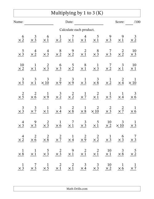 The Multiplying (1 to 10) by 1 to 3 (100 Questions) (K) Math Worksheet