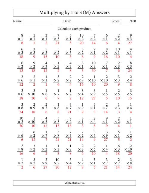 The Multiplying (1 to 10) by 1 to 3 (100 Questions) (M) Math Worksheet Page 2