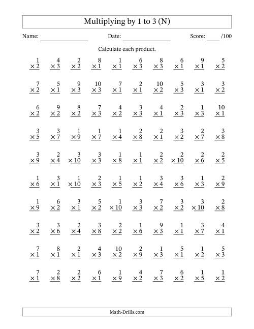 The Multiplying (1 to 10) by 1 to 3 (100 Questions) (N) Math Worksheet
