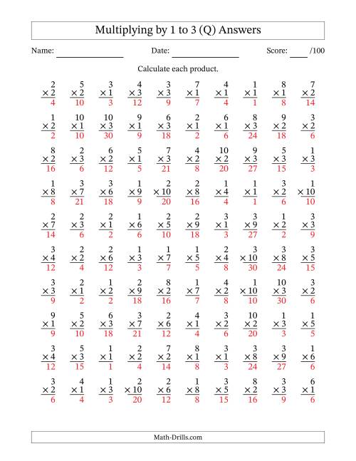 The Multiplying (1 to 10) by 1 to 3 (100 Questions) (Q) Math Worksheet Page 2