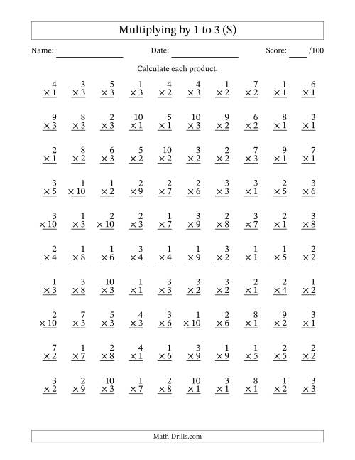 The Multiplying (1 to 10) by 1 to 3 (100 Questions) (S) Math Worksheet