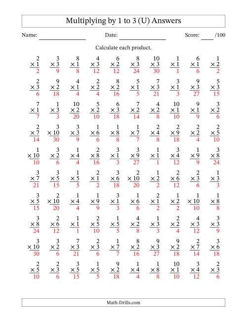 The Multiplying (1 to 10) by 1 to 3 (100 Questions) (U) Math Worksheet Page 2
