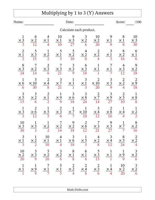 The Multiplying (1 to 10) by 1 to 3 (100 Questions) (Y) Math Worksheet Page 2