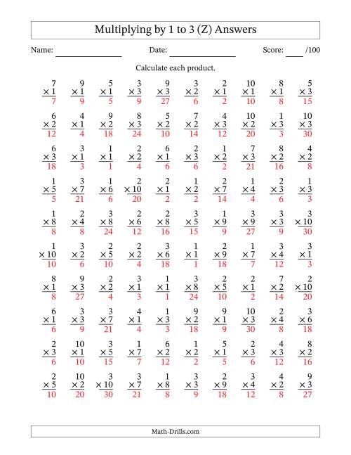 The Multiplying (1 to 10) by 1 to 3 (100 Questions) (Z) Math Worksheet Page 2