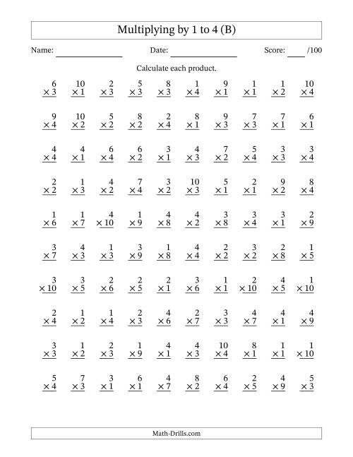 The Multiplying (1 to 10) by 1 to 4 (100 Questions) (B) Math Worksheet