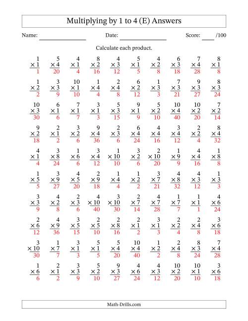 The Multiplying (1 to 10) by 1 to 4 (100 Questions) (E) Math Worksheet Page 2