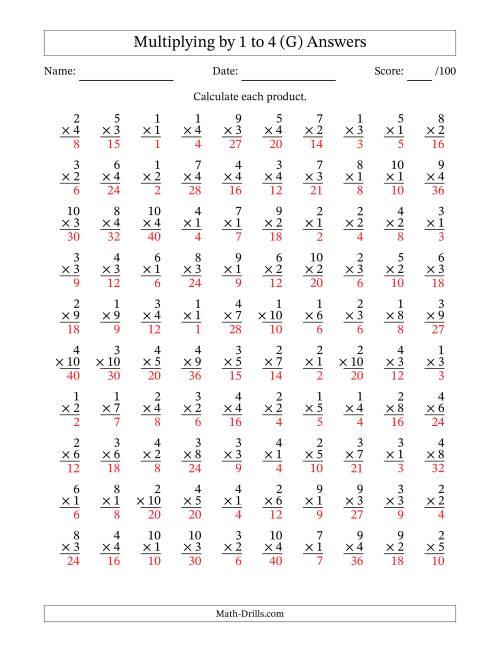 The Multiplying (1 to 10) by 1 to 4 (100 Questions) (G) Math Worksheet Page 2