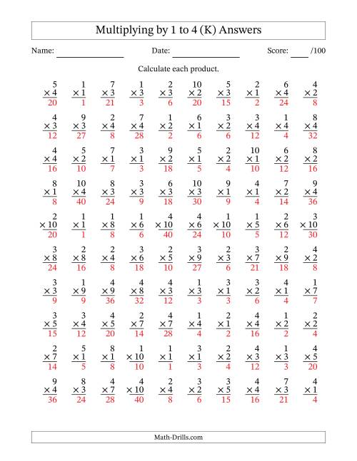 The Multiplying (1 to 10) by 1 to 4 (100 Questions) (K) Math Worksheet Page 2