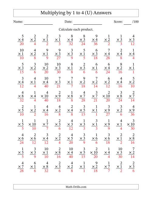 The Multiplying (1 to 10) by 1 to 4 (100 Questions) (U) Math Worksheet Page 2
