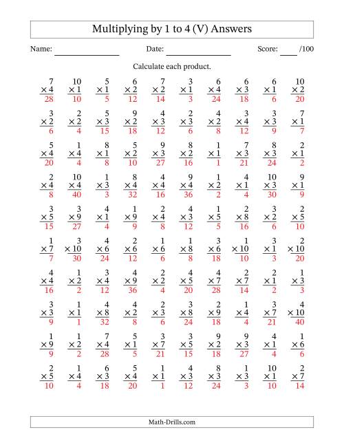 The Multiplying (1 to 10) by 1 to 4 (100 Questions) (V) Math Worksheet Page 2