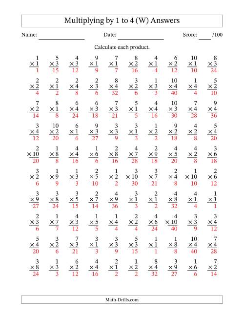 The Multiplying (1 to 10) by 1 to 4 (100 Questions) (W) Math Worksheet Page 2