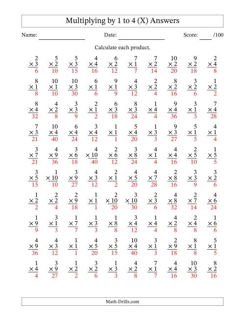 The Multiplying (1 to 10) by 1 to 4 (100 Questions) (X) Math Worksheet Page 2