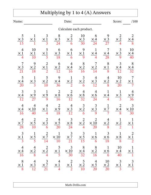 The Multiplying (1 to 10) by 1 to 4 (100 Questions) (All) Math Worksheet Page 2