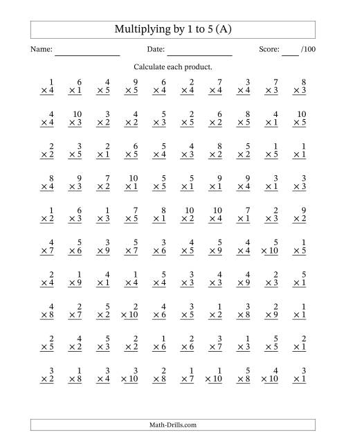 The Multiplying (1 to 10) by 1 to 5 (100 Questions) (A) Math Worksheet