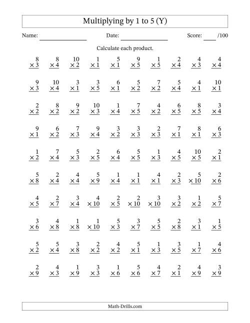 The Multiplying (1 to 10) by 1 to 5 (100 Questions) (Y) Math Worksheet