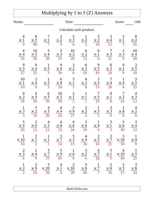 The Multiplying (1 to 10) by 1 to 5 (100 Questions) (Z) Math Worksheet Page 2