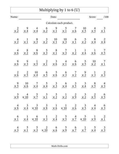 The Multiplying (1 to 10) by 1 to 6 (100 Questions) (U) Math Worksheet