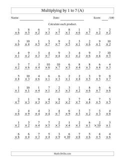 Multiplying (1 to 10) by 1 to 7 (100 Questions)