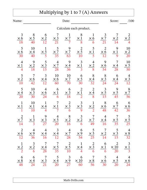 The Multiplying (1 to 10) by 1 to 7 (100 Questions) (A) Math Worksheet Page 2