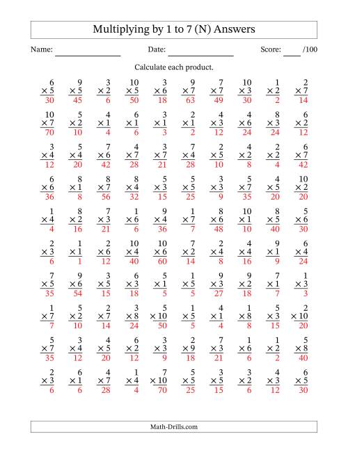 The Multiplying (1 to 10) by 1 to 7 (100 Questions) (N) Math Worksheet Page 2
