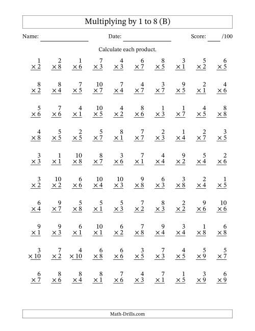 The Multiplying (1 to 10) by 1 to 8 (100 Questions) (B) Math Worksheet
