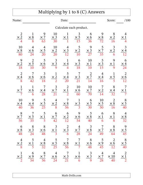 The Multiplying (1 to 10) by 1 to 8 (100 Questions) (C) Math Worksheet Page 2