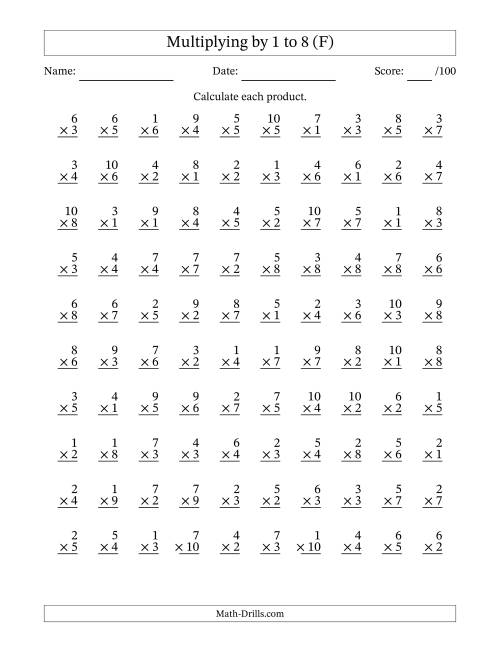 The Multiplying (1 to 10) by 1 to 8 (100 Questions) (F) Math Worksheet