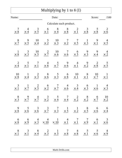 The Multiplying (1 to 10) by 1 to 8 (100 Questions) (I) Math Worksheet