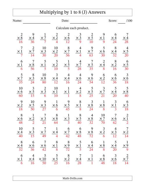 The Multiplying (1 to 10) by 1 to 8 (100 Questions) (J) Math Worksheet Page 2