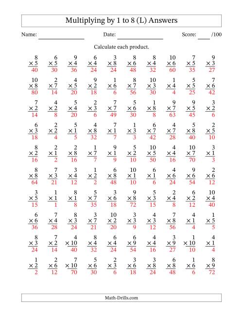The Multiplying (1 to 10) by 1 to 8 (100 Questions) (L) Math Worksheet Page 2