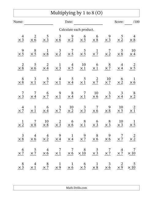 The Multiplying (1 to 10) by 1 to 8 (100 Questions) (O) Math Worksheet