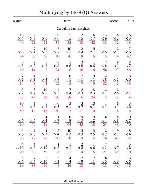 The Multiplying (1 to 10) by 1 to 8 (100 Questions) (Q) Math Worksheet Page 2