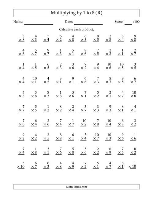 The Multiplying (1 to 10) by 1 to 8 (100 Questions) (R) Math Worksheet