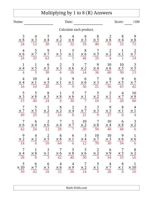 The Multiplying (1 to 10) by 1 to 8 (100 Questions) (R) Math Worksheet Page 2