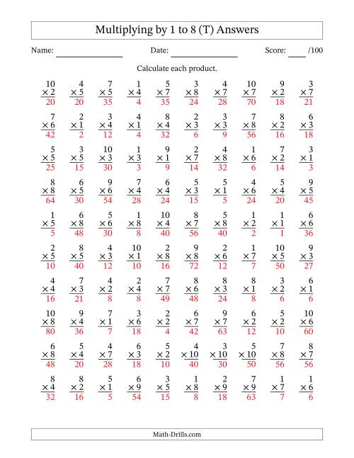 The Multiplying (1 to 10) by 1 to 8 (100 Questions) (T) Math Worksheet Page 2