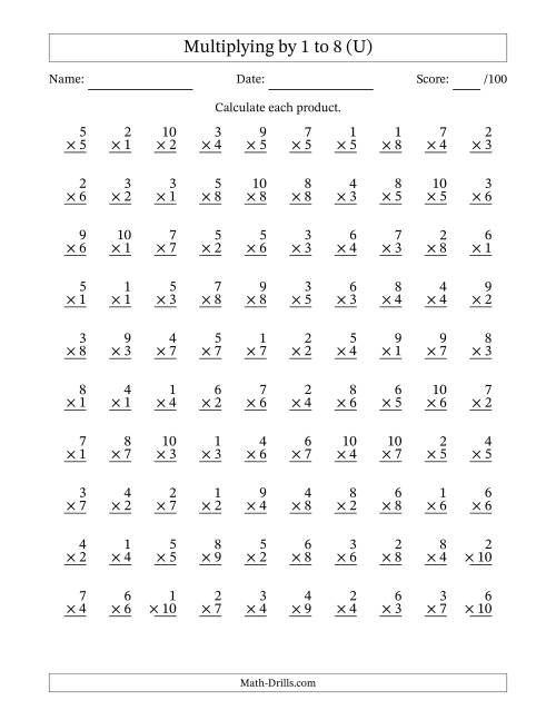 The Multiplying (1 to 10) by 1 to 8 (100 Questions) (U) Math Worksheet