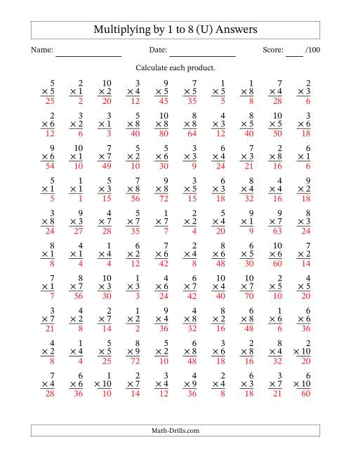 The Multiplying (1 to 10) by 1 to 8 (100 Questions) (U) Math Worksheet Page 2