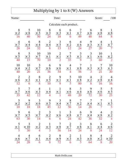 The Multiplying (1 to 10) by 1 to 8 (100 Questions) (W) Math Worksheet Page 2