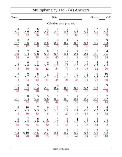 The Multiplying (1 to 10) by 1 to 8 (100 Questions) (All) Math Worksheet Page 2